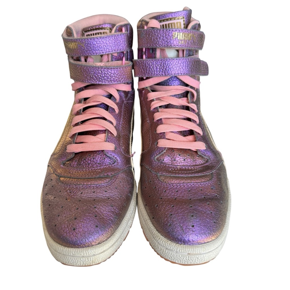Puma Purple Metallic High-Top Sneakers with Pink Laces and Gold Stripe - Picture 4 of 9